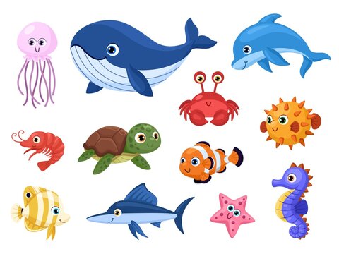 Cartoon sea animal. Tropical ocean animals, funny fish, turtle and dolphin. Cute whale and jellyfish, marine creature. Garish underwater vector characters