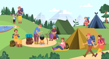 Obraz na płótnie Canvas People in camping. Girl forest vacation, outdoor camp trip with backpack and tent. Adult and children rest on nature, adventures decent vector scene