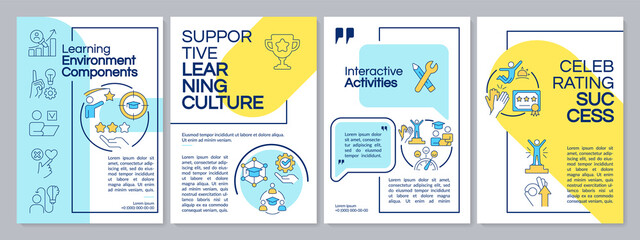 Fototapeta na wymiar Learning environment blue and yellow brochure template. Leaflet design with linear icons. Editable 4 vector layouts for presentation, annual reports. Questrial, Lato-Regular fonts used