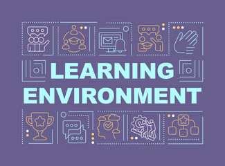 Learning environment word concepts purple banner. Education. Infographics with editable icons on color background. Isolated typography. Vector illustration with text. Arial-Black font used