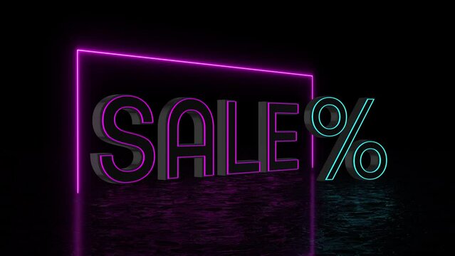 4k animation, neon lights 3d sale text and percentage sign on dark background, special offer and discount season sale sign, shopping concept design