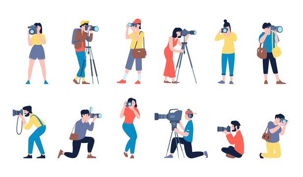 Photographers. Creative job, photographer with camera and tv operator. Man making artistic picture, isolated cartoon paparazzi recent vector set