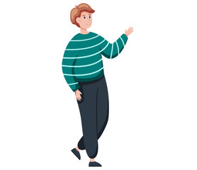 Young man standing and points to something with her hand. Male character gesturing back view. Boy with her hand up pays attention isolated on white. Person showing to somebody with empty space