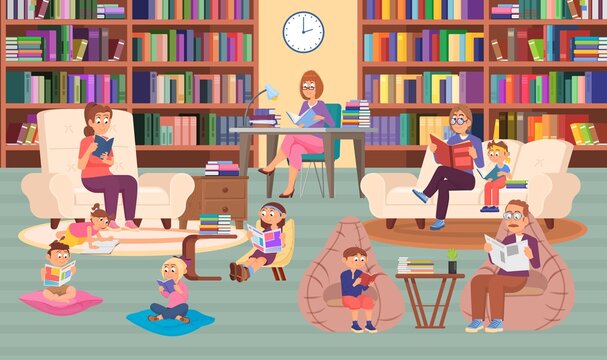 Kids in library. Cartoon boy and girl reading books. Bookshelf in classroom or bookstore, adults and children sitting and read. Decent vector concept
