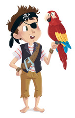 Children's illustration of a pirate boy with his parrot - obrazy, fototapety, plakaty