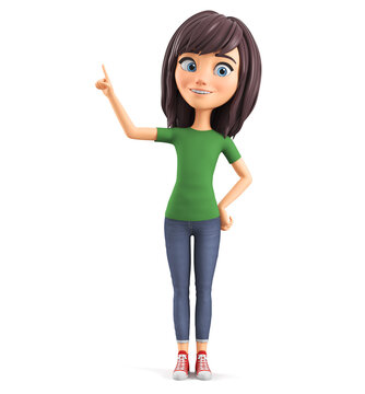 Cartoon character girl in a green t-shirt points her finger at an empty space. 3d render illustration.