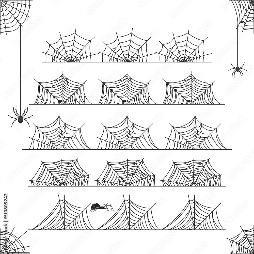 Wall mural cobweb border. cartoon black scary web with spiders. isolated halloween decorative spiderweb, net di