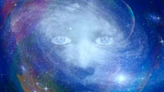 Woman face in colorful space. Animation