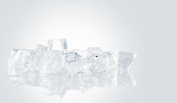 Natural crystal clear melting ice cubes on the white reflective surface background.