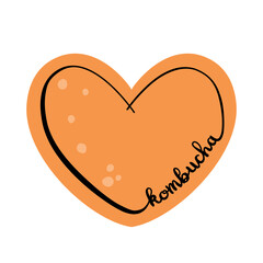 Kombucha tea vector heart logo sticker. Healthy fermented probiotic tea drink icon label.