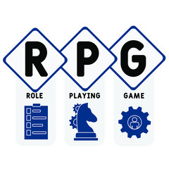 RPG - Role-Playing Game acronym. business concept background.  vector illustration concept with keywords and icons. lettering illustration with icons for web banner, flyer, landing pag
