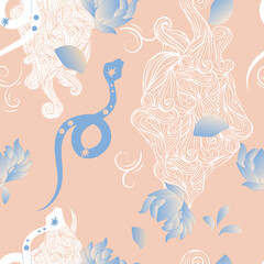 Seamless pattern with trendy spiritual snakes and flowers. Boho witchy background. Can be used for wallpapers, gift wrap, textile, duvets and linens, yoga mat,phone case.