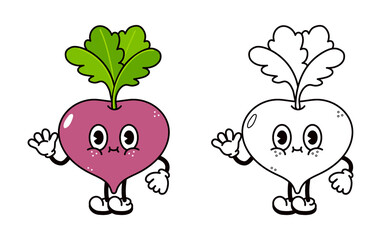 Cute funny radish waving hand character outline cartoon illustration for coloring book. Vector hand drawn traditional cartoon vintage, retro, kawaii character. Isolated on white background