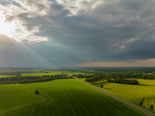 Obraz premium The sun's rays pass through the clouds, the earth's path divides the green fields