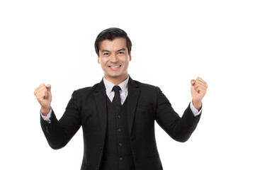 portrait of a confident business man in black suit and smile, expression face isolated on white background. Portrait businessman success concept.