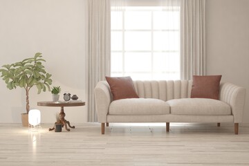 White living room with sofa. Scandinavian interior design. 3D illustration