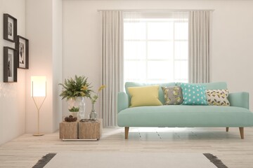 White living room with sofa. Scandinavian interior design. 3D illustration