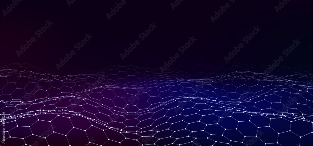 Poster futuristic vector hexagon wave. dark cyberspace. abstract wave with dots and line. white moving part