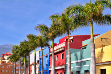 Colourful houses and palm trees on street in Puerto de la Cruz. The Teide volcano in the distance....