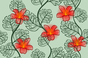 Leaves and red flowers imitation hand drawing
