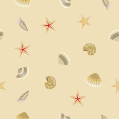 Various seashells vector seamless pattern
