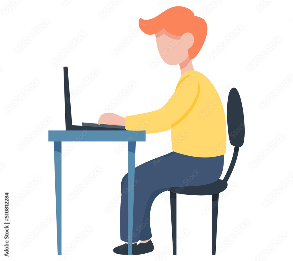 Poster man working at office with computer at workplace. employee manager or businessman sitting at desk, l