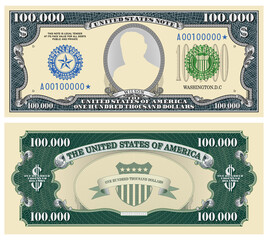 Fictional template obverse and reverse of US paper money. One hundred thousand dollars banknote. Empty oval and guilloche frames. Shield and ribbon. Wilson