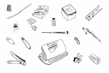 Vector collection of stationery and thread with a needle. Set of school or office supplies.