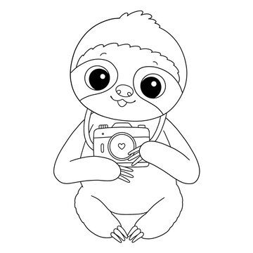 Cute baby sloth with camera summer coloring page