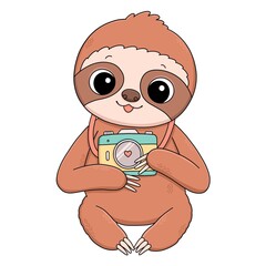 Cute baby sloth with camera summer illustration © spirka.art