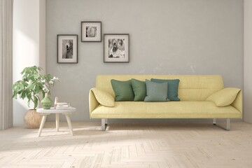 Modern living room in white color with sofa. Scandinavian interior design. 3D illustration