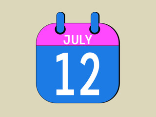 Day 12 July calendar template. Blue calendar for july days.