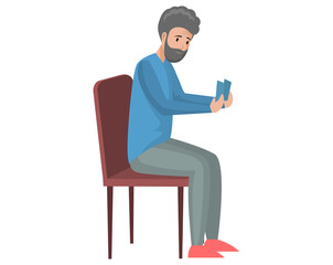 Home activity and recreation with logic game concept. Person playing with cards vector illustration. Male character makes move while playing. Elderly man with strategic game playcards sitting on chair