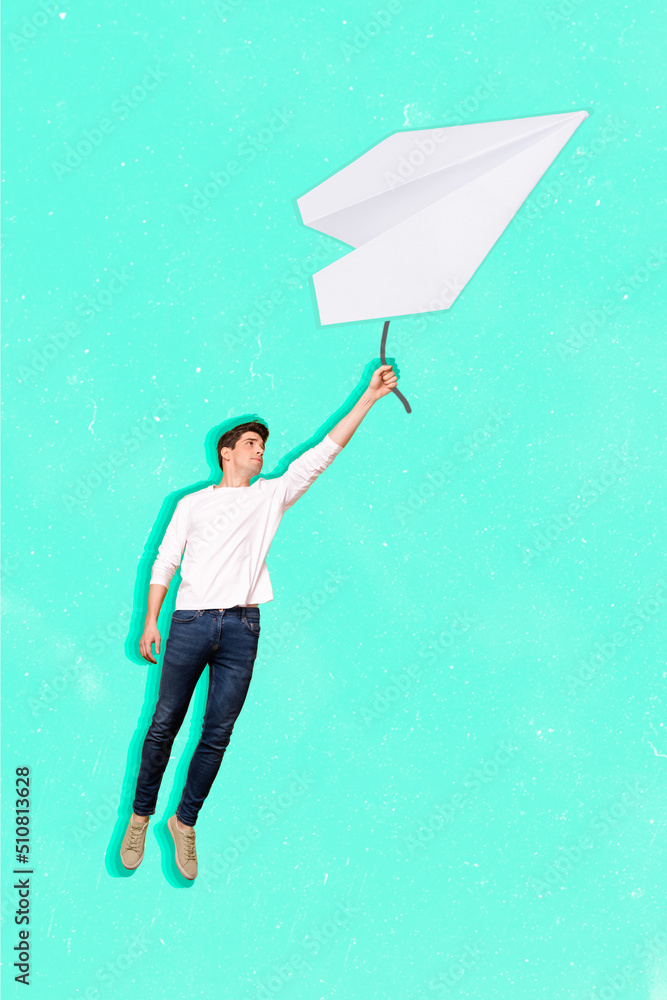 Sticker Vertical composite collage portrait of person hand hold big paper plane flight isolated on teal background