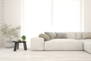 White living room with sofa. Scandinavian interior design. 3D illustration