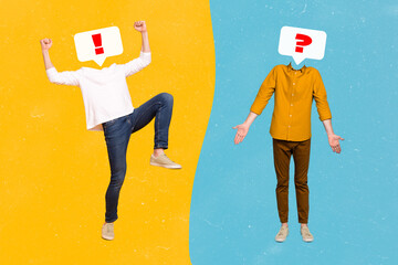 Composite collage image of two people different emotions win lose exclamation point question instead head divided into two halves colors - obrazy, fototapety, plakaty