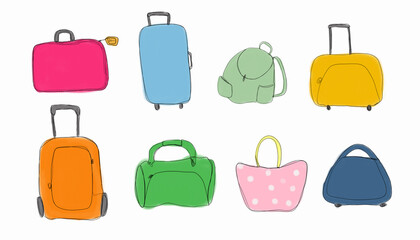 ilustraciones en tiza de diferentes tipos de maletas de viajes