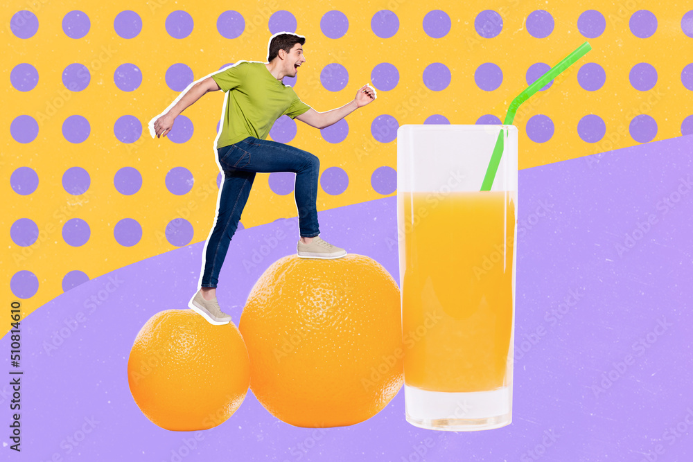 Sticker Creative collage picture of excited person running climb oranges juice glass isolated on drawing background