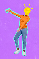 Composite vertical collage of young person light bulb instead head presenting new idea isolated on purple creative background