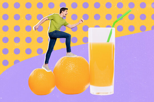 Creative collage picture of excited person running climb oranges juice glass isolated on drawing background
