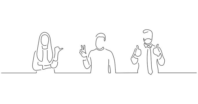 Young people celebrating a win in line art animation. Video footage of three persons raising their arms. Black linear video on white background. Animated gif illustration design.