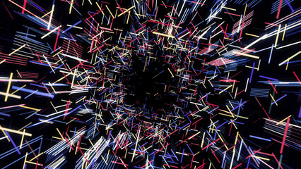 Beautiful futuristic abstraction of sci-fi endless tunnel on the black background. Animation. Moving forward inside fluorescent ultraviolet glowing light lines.