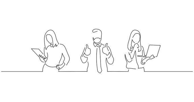 Young people using technology in line art animation. Video footage of three persons. Black linear video on white background. Animated gif illustration design.