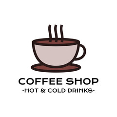 Minimalist vector logo with cup of hot coffee and text