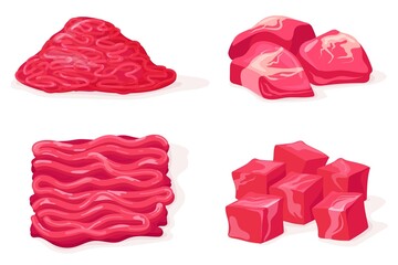Cartoon mince. Ground meat minced pork red beefraw diced raw beef closeup, chopped cube lamb product uncooked forcemeat from grinder, patty hamburger food, neat vector illustration