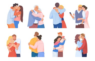 Obraz premium Cuddling couple. Romantic beautiful couples cuddle, love characters woman hug man adult boyfriend, intimacy relationship hugging people reunion friends