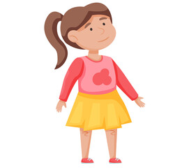 Young girl in casual clothing walking and looking up. Cute child looks at something behind her. Vector cartoon female kid alone isolated on white background dressed in pink sweater and yellow skirt