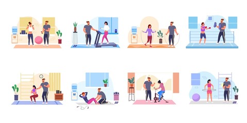 Exercise personal trainer. Workout coach character in fit gym, physical training fitness sport athlete people, health energy woman box trainers, isolated garish vector illustration