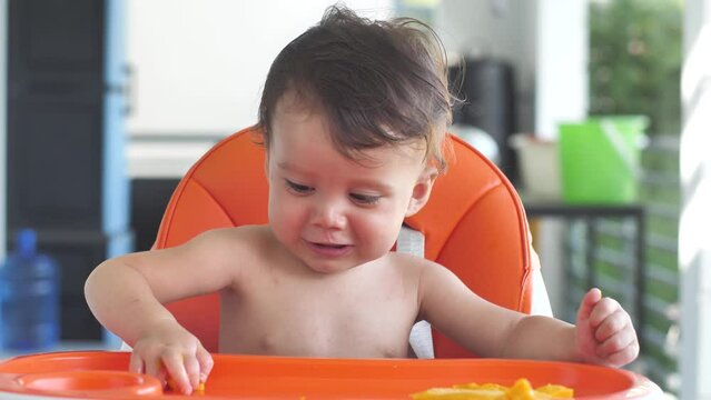 A beautiful baby on a feeding chair squeezes the pulp of a mango in his hand and plays with a stone from the fruit. Nutrition of the child with fresh fruits with a high content of vitamins for health.
