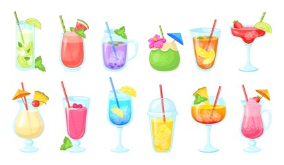 Non alcoholic cocktails. Non-alcoholic cocktail drink in glass, smoothie party mocktail margarita watermelon juice cold tea mojito lemonade bar ice drinks, neat vector illustration
